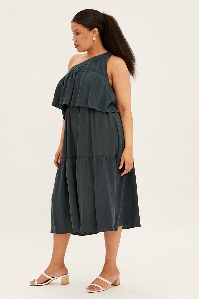 Green Midi Dress One Shoulder Frill Linen Blend for YouandAll Fashion