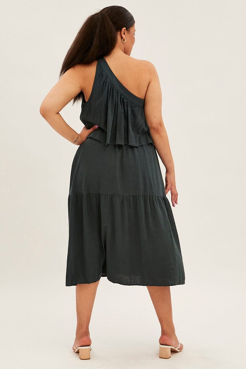 Green Midi Dress One Shoulder Frill Linen Blend for YouandAll Fashion