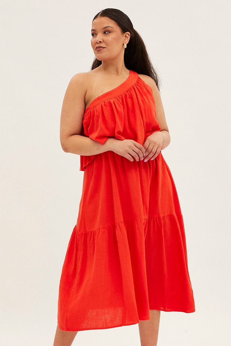 Red Midi Dress One Shoulder Frill Linen Blend for YouandAll Fashion