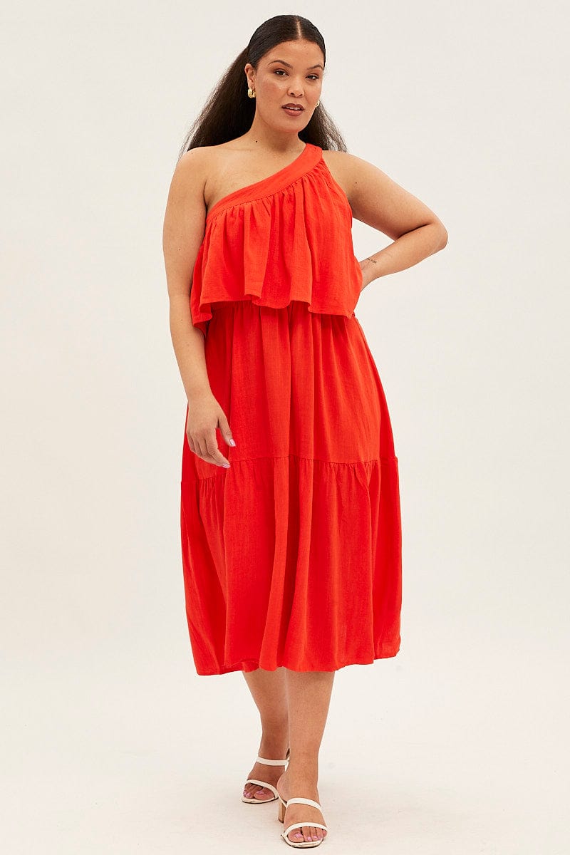 Red Midi Dress One Shoulder Frill Linen Blend for YouandAll Fashion