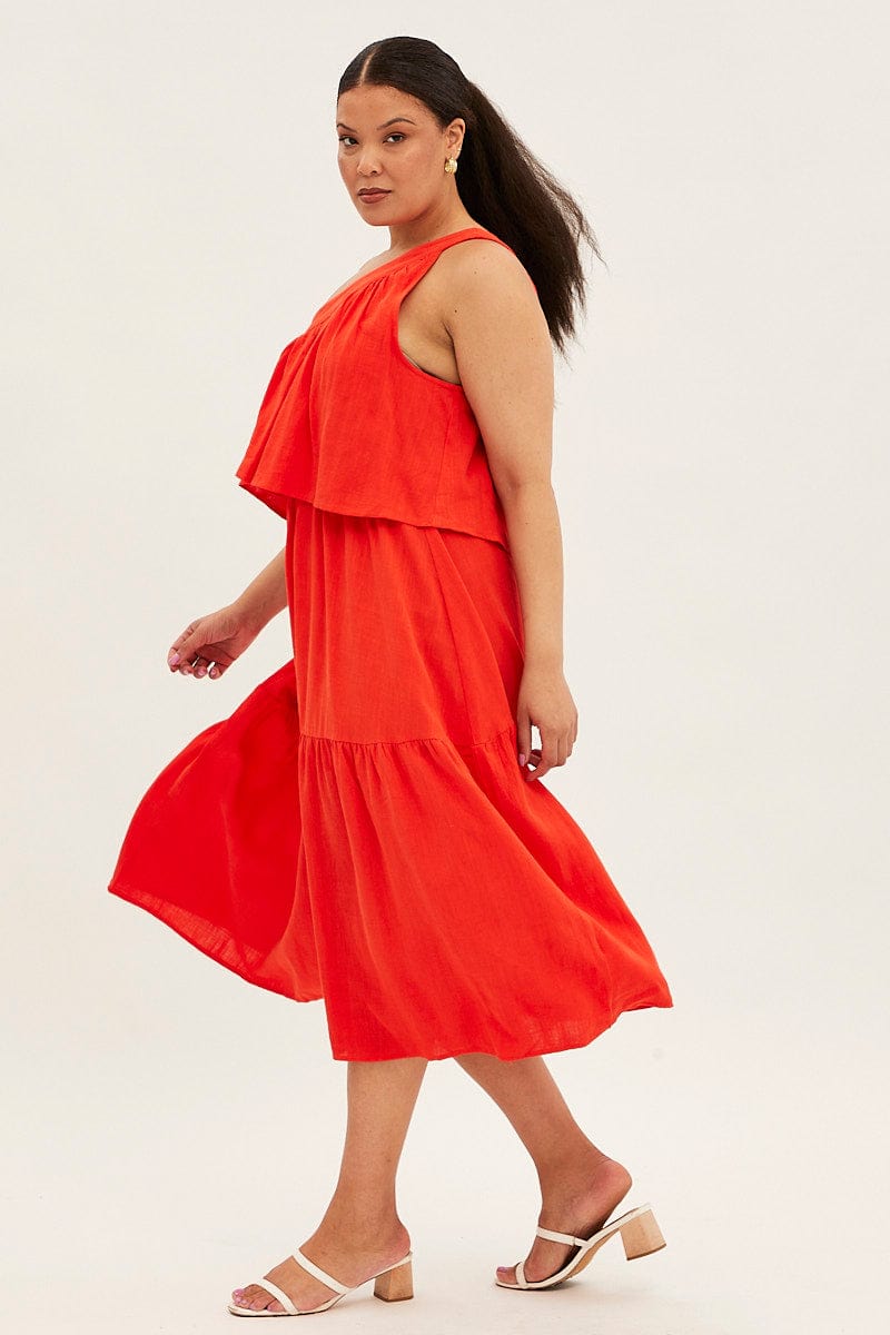 Red Midi Dress One Shoulder Frill Linen Blend for YouandAll Fashion