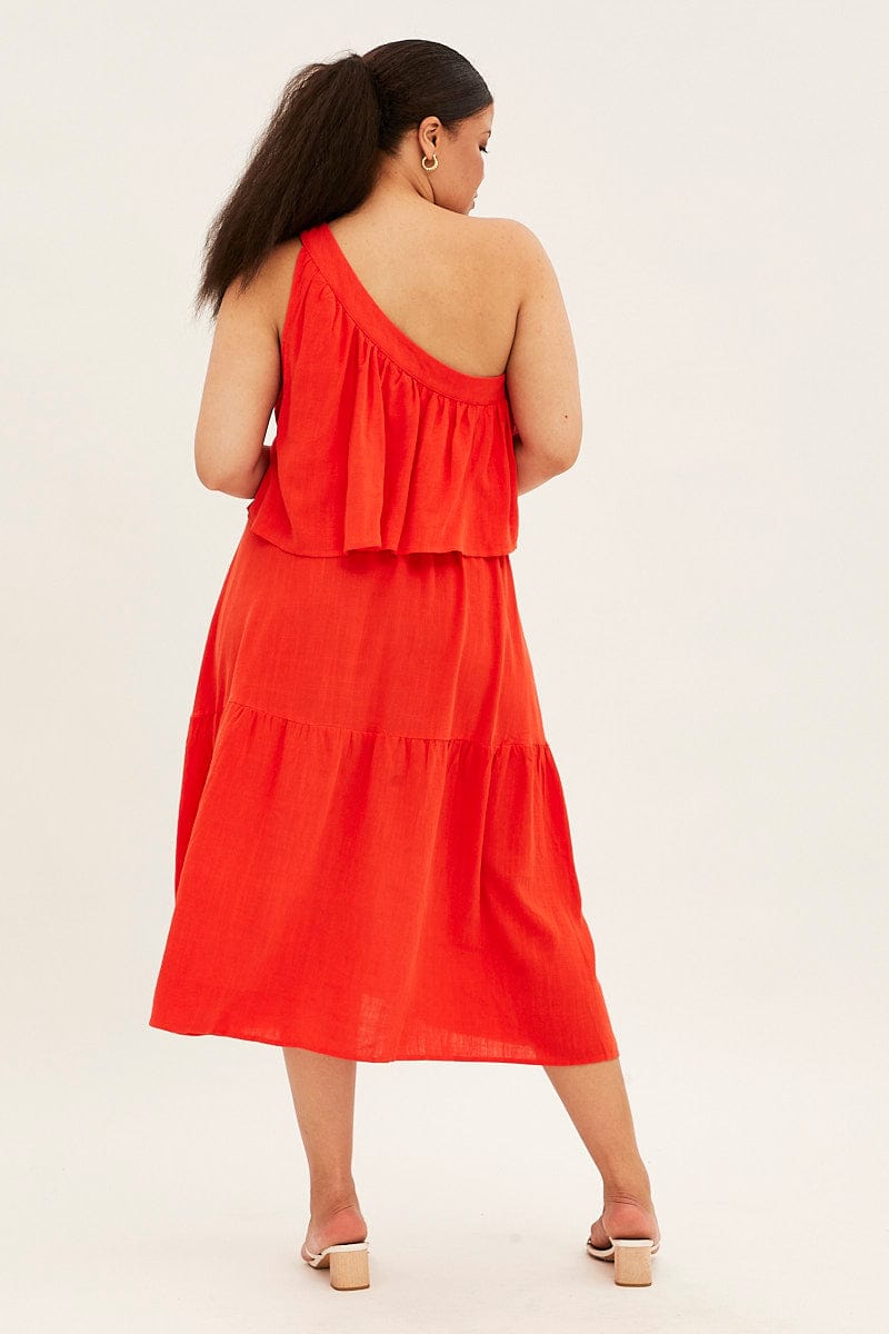 Red Midi Dress One Shoulder Frill Linen Blend for YouandAll Fashion