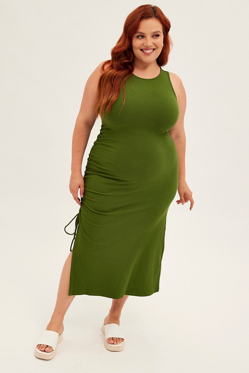 Green Midi Dress Sleeveless Rib Jersey Drawstring for YouandAll Fashion