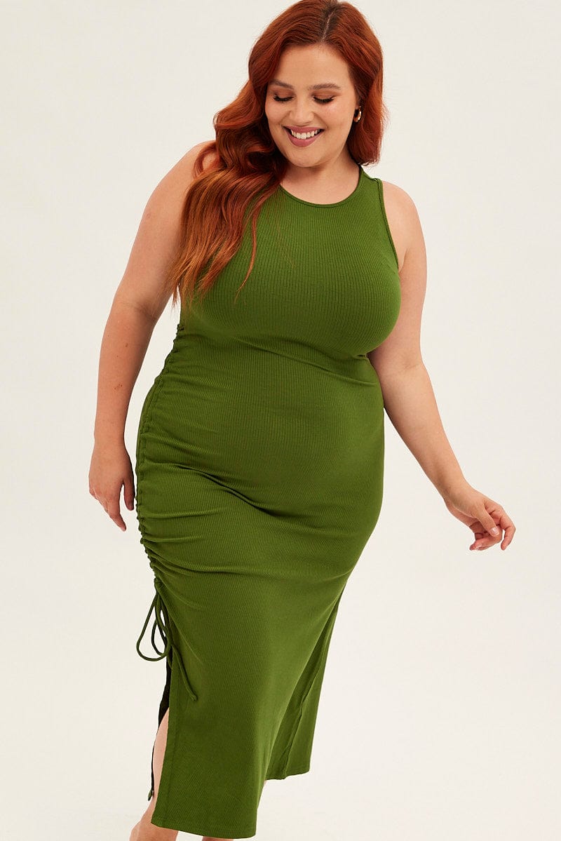 Green Midi Dress Sleeveless Rib Jersey Drawstring for YouandAll Fashion