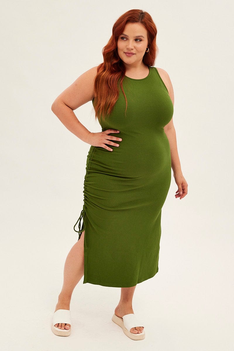 Green Midi Dress Sleeveless Rib Jersey Drawstring for YouandAll Fashion