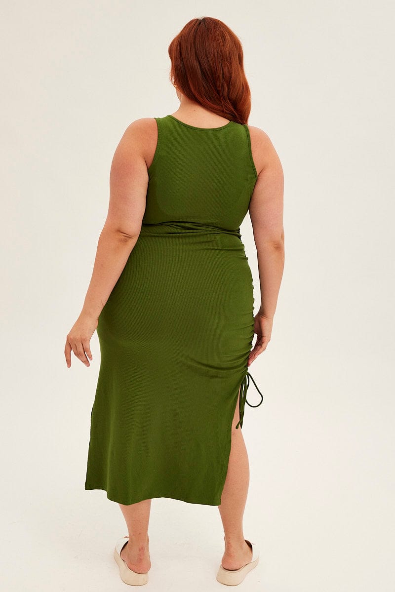 Green Midi Dress Sleeveless Rib Jersey Drawstring for YouandAll Fashion