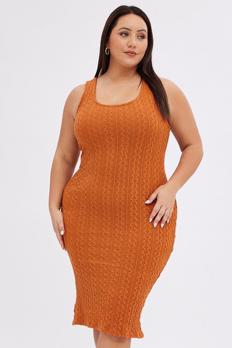 Orange Midi Dress Cable Look Knit for YouandAll Fashion