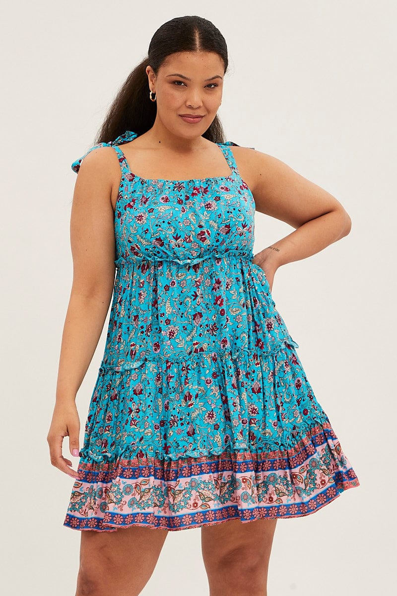 Blue Boho Mini Dress Sleeveless Round Neck Skater for YouandAll Fashion