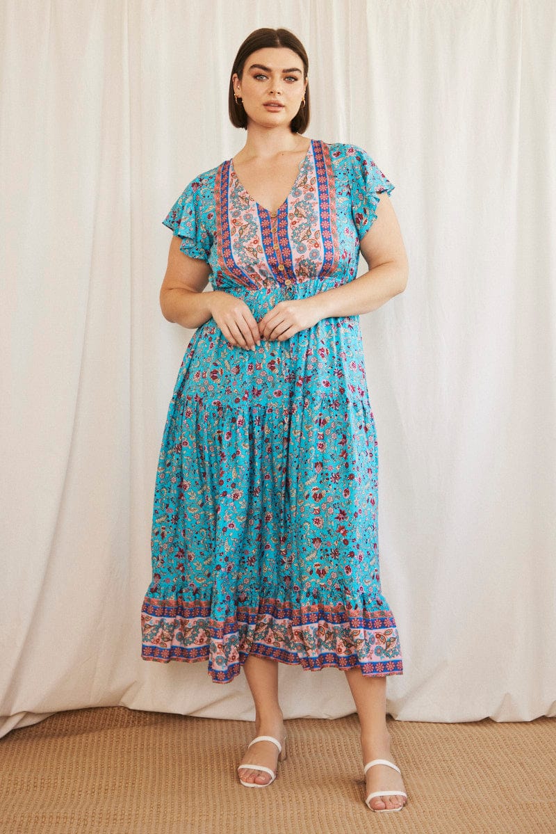 Blue Boho Maxi Dress Short Sleeve V-Neck Tiered for YouandAll Fashion