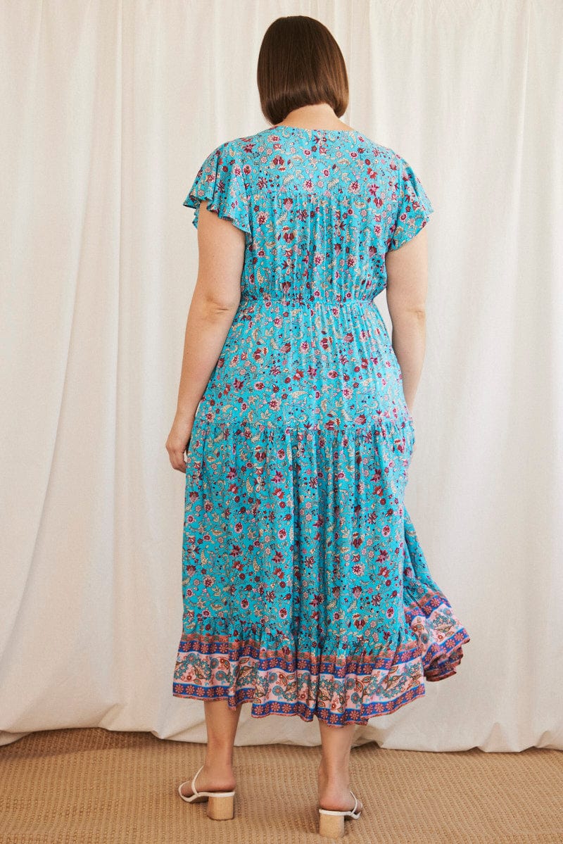 Blue Boho Maxi Dress Short Sleeve V-neck Tiered | You & All Blue Boho Maxi Dress Short Sleeve V-neck Tiered | You & All
