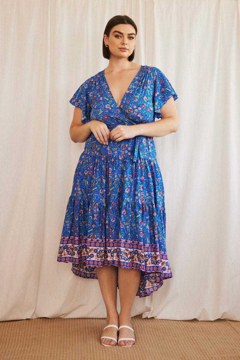 Blue Boho Midi Dress Short Sleeve Wrap Front Blue Boho Midi Dress Short Sleeve Wrap Front