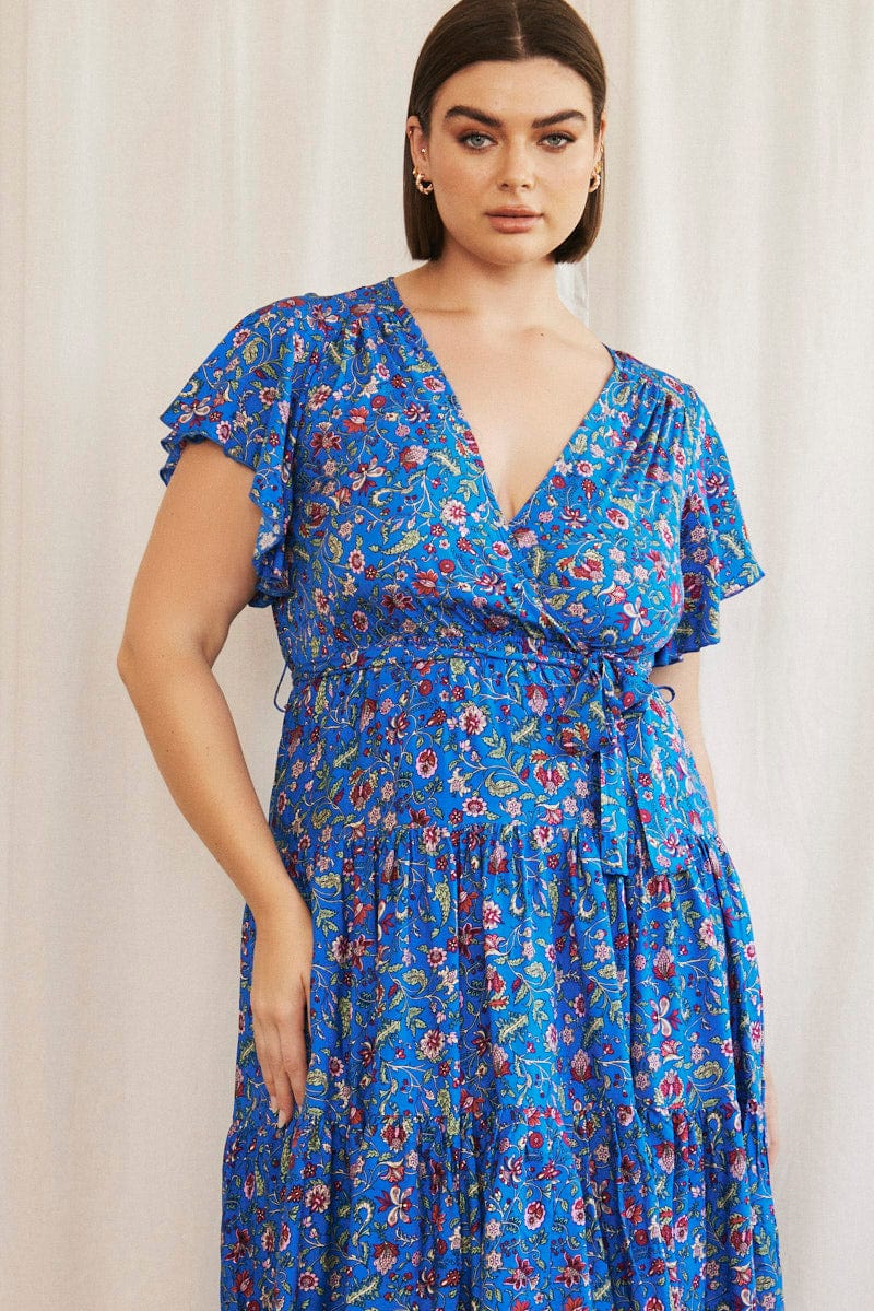 Blue Boho Midi Dress Short Sleeve Wrap Front | You & All Blue Boho Midi Dress Short Sleeve Wrap Front | You & All