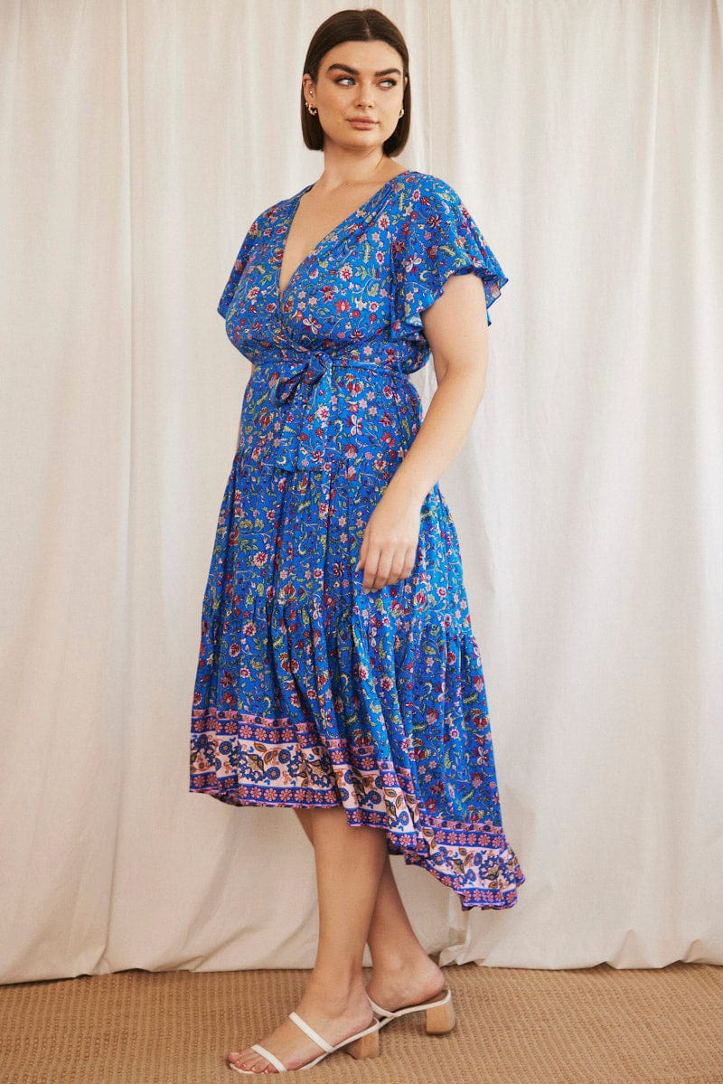 Blue Boho Midi Dress Short Sleeve Wrap Front You All