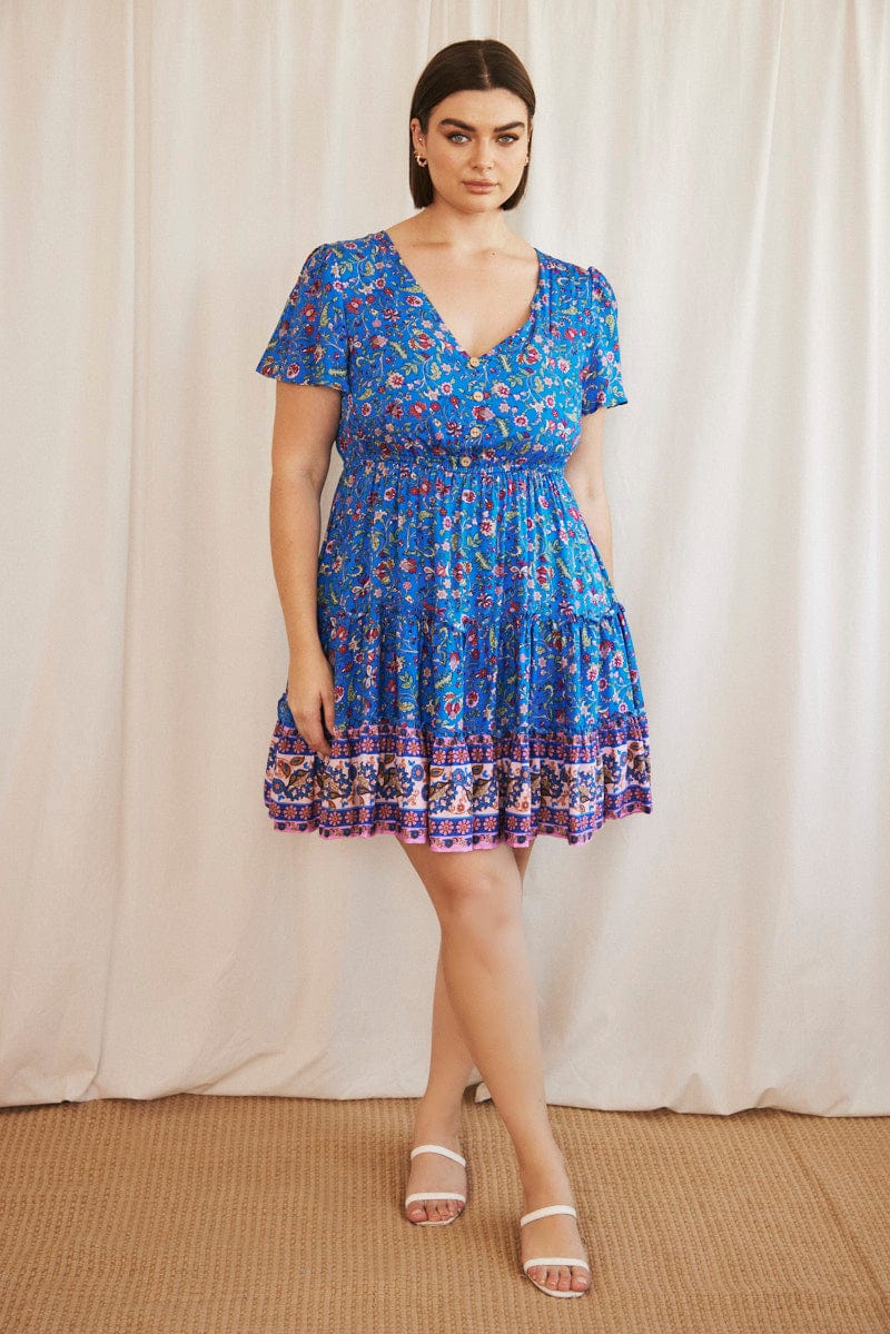 Blue Boho Fit And Flare Dress Short Sleeve V-neck | You & All Blue Boho Fit And Flare Dress Short Sleeve V-neck | You & All