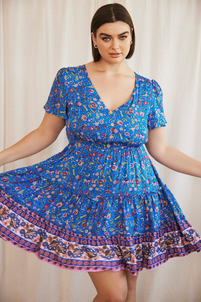 Blue Boho Fit And Flare Dress Short Sleeve V-neck | You & All Blue Boho Fit And Flare Dress Short Sleeve V-neck | You & All