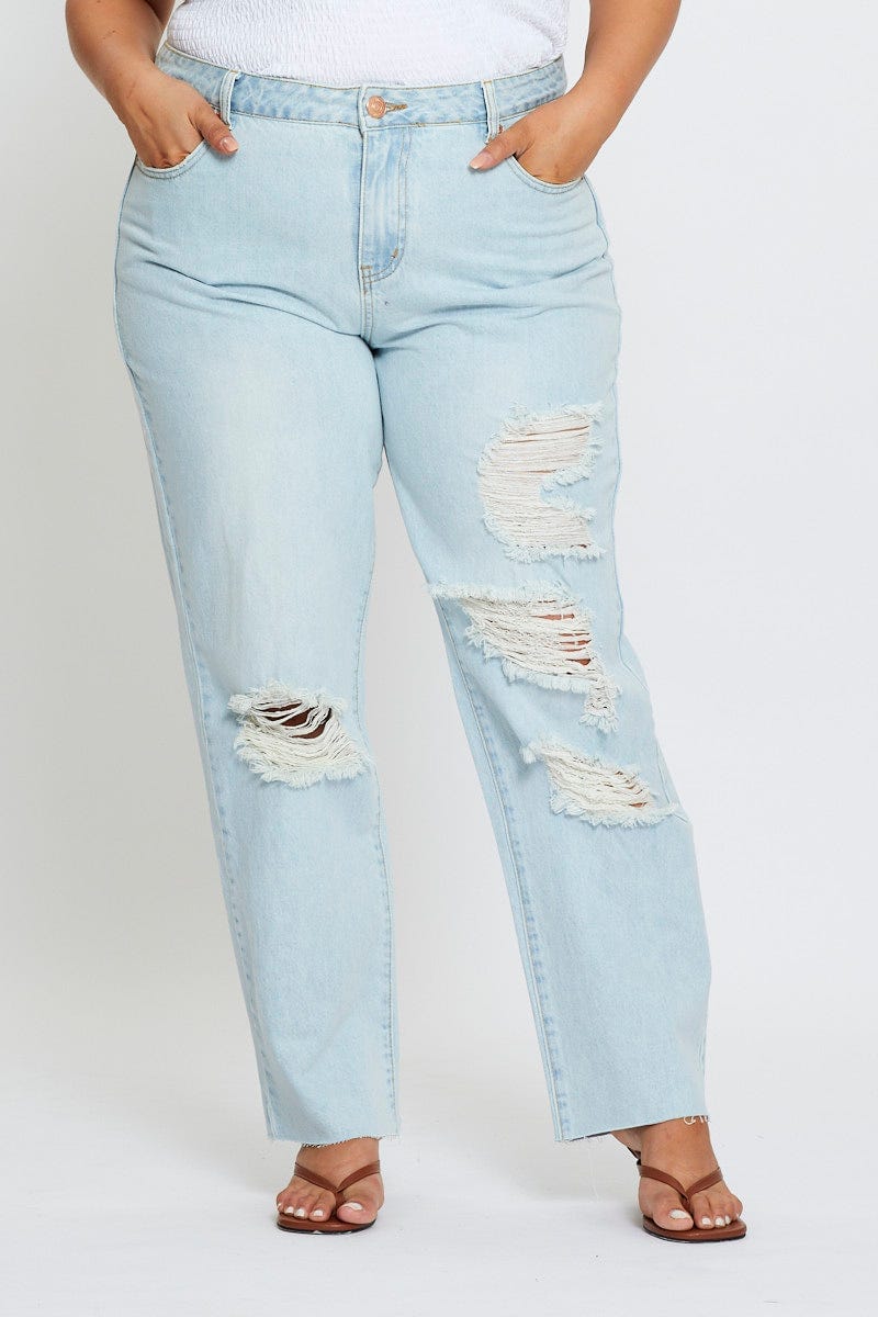 Blue Denim Jean Mid Rise Distressed Boyfriend For Women By You And All