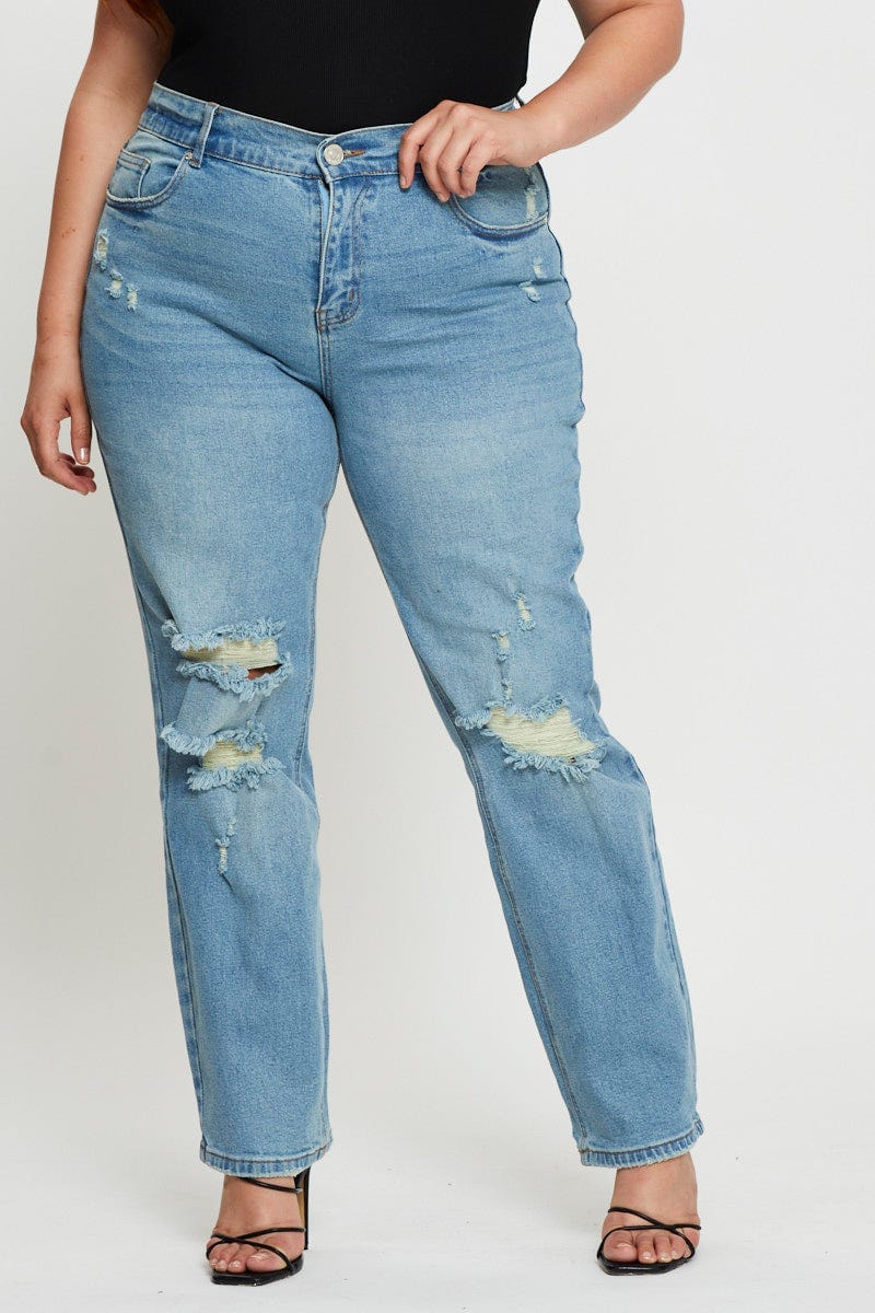 Blue Denim Jean High Rise Distressed Boyfriend For Women By You And All