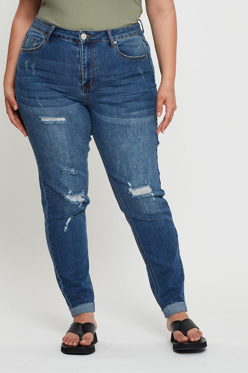 Plus Size Blue Denim Jean High Rise Mid Wash Slash Knee Boyfriend | You ...