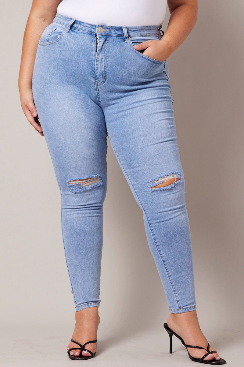 Denim Skinny Jeans High Rise Knee Slit for YouandAll Fashion