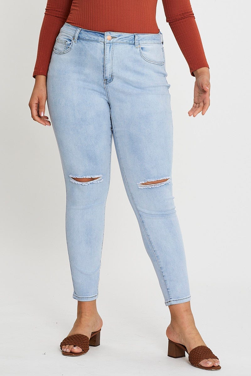 Plus Size Blue High Rise Knee Distress Denim Skinny Jeans You