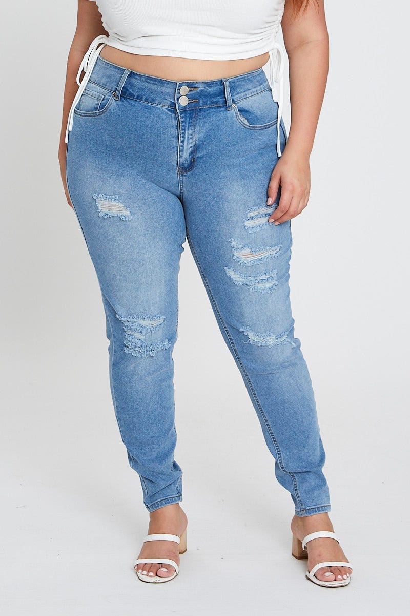Steel Blue Denim Jean High Rise Distressed Skinny For Women By You And All