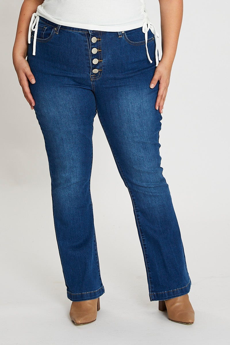 Mid Blue High Rise Flare Denim Jeans For Women By You And All