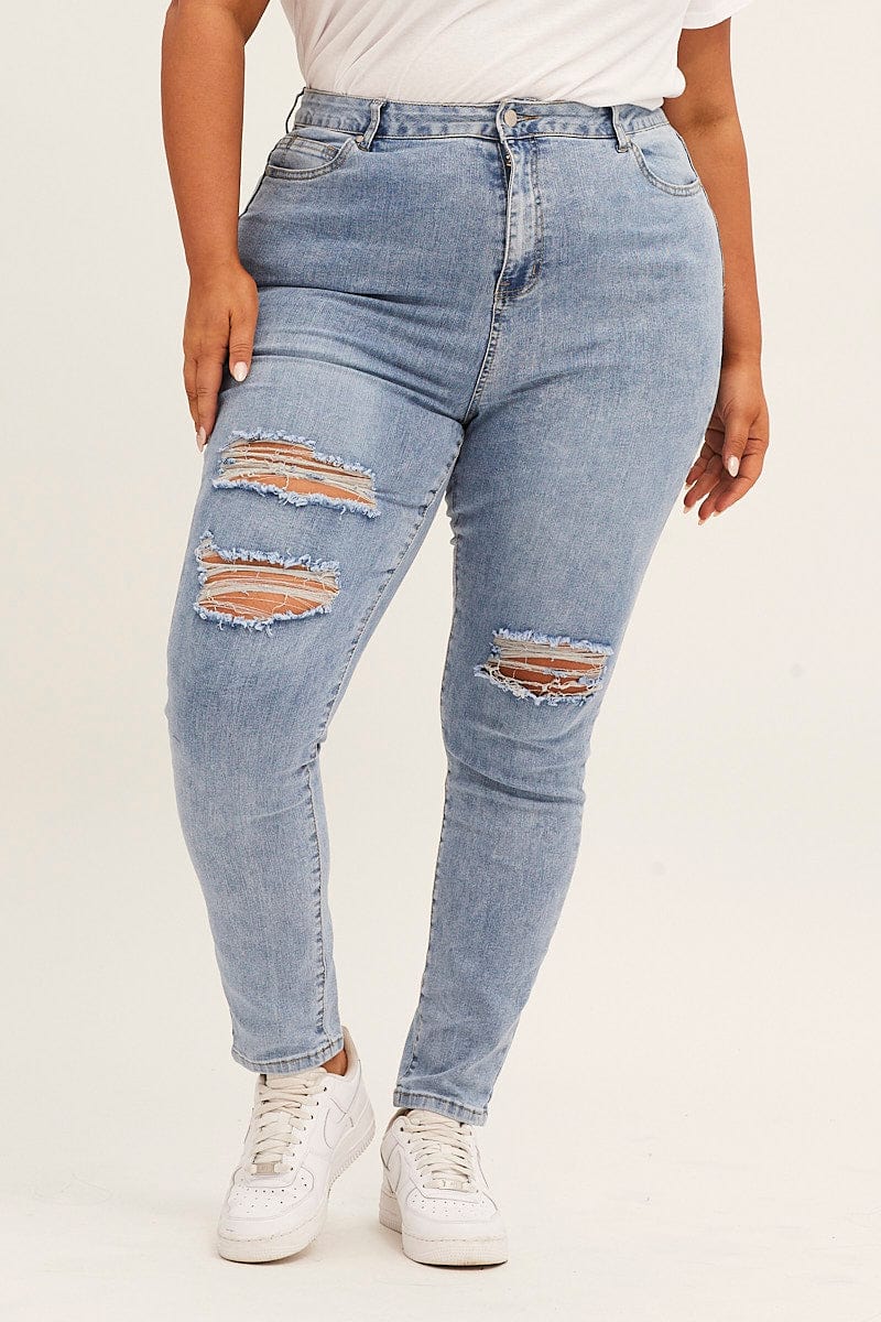 Blue High Rise Knee Distress Stretch Skinny Denim Jeans for Women by You + All