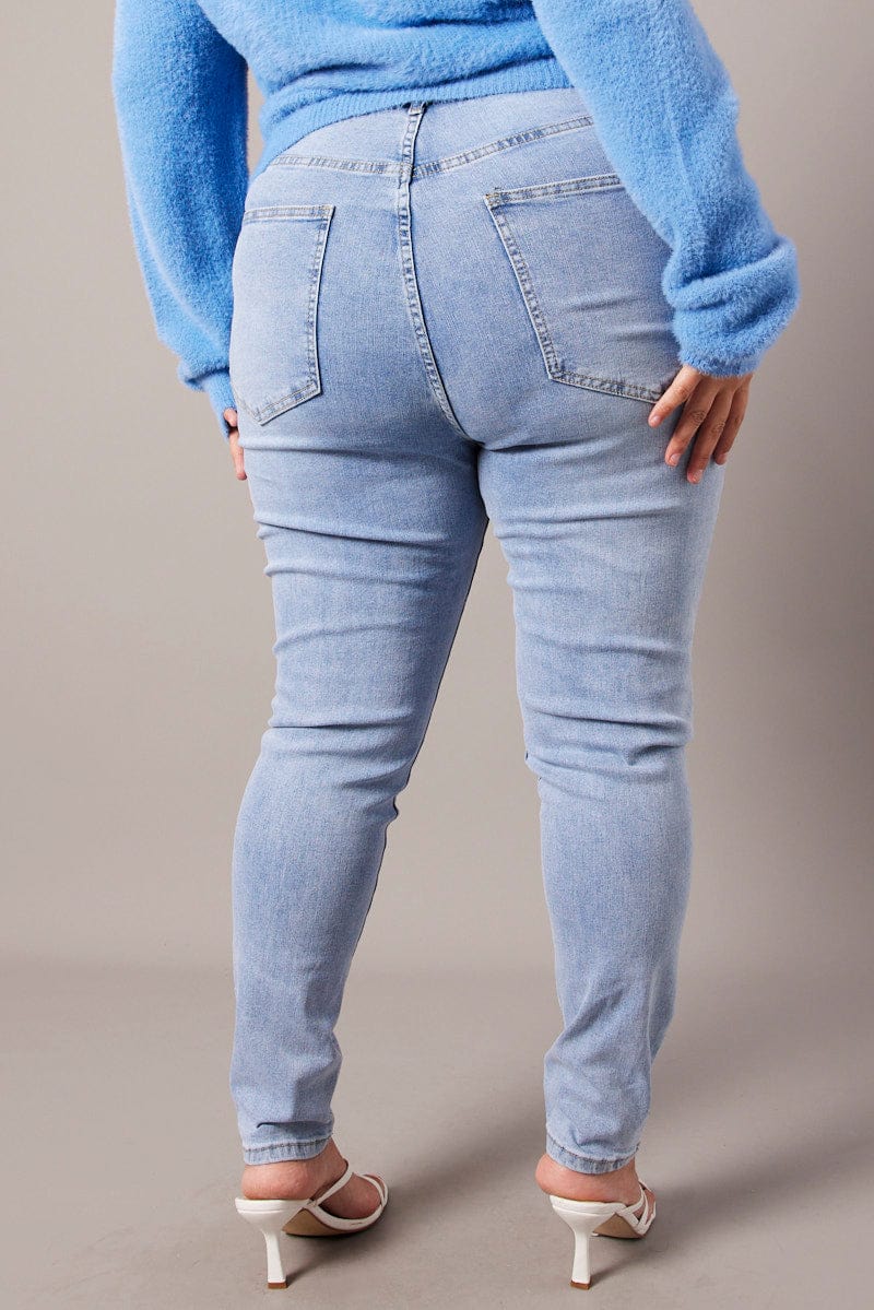 Denim Skinny Jeans High Rise Knee Slit Stretch for YouandAll Fashion