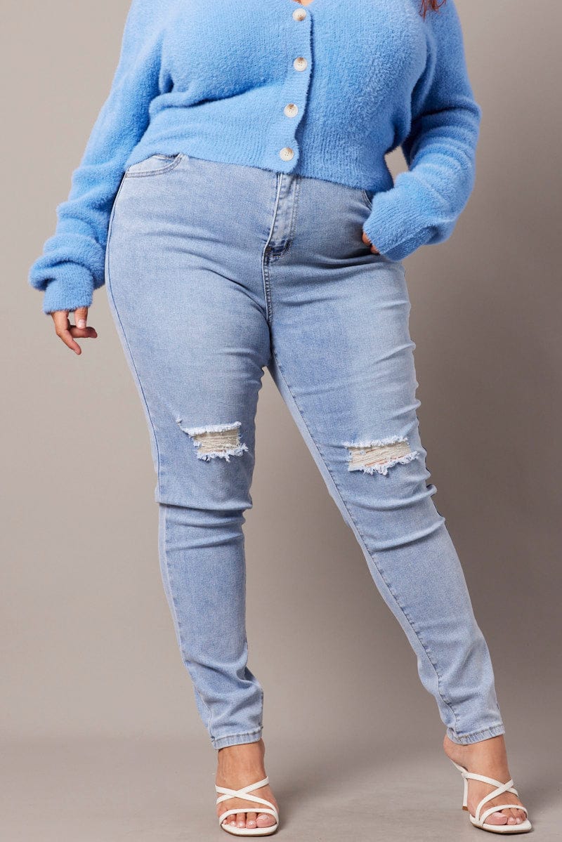Denim Skinny Jeans High Rise Knee Slit Stretch for YouandAll Fashion