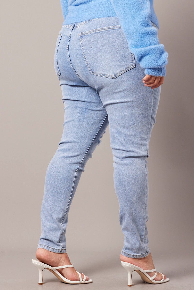 Denim Skinny Jeans High Rise Knee Slit Stretch for YouandAll Fashion