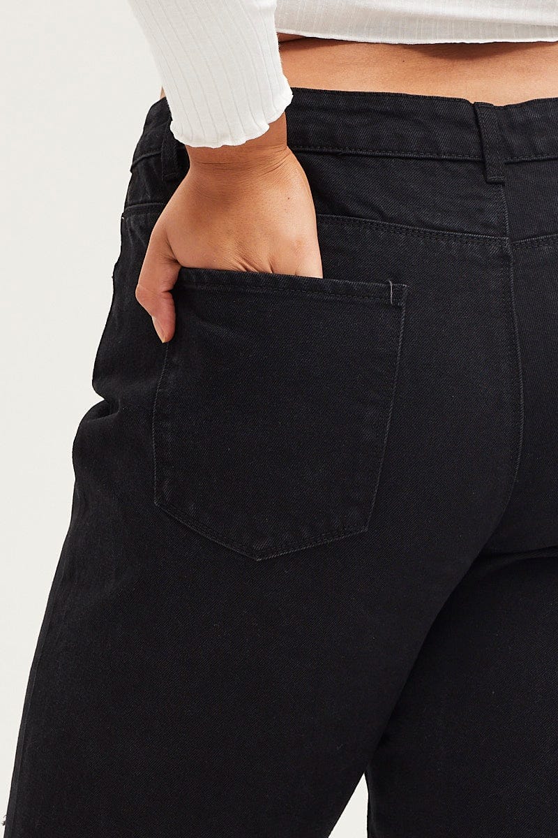 Black Mid Rise Distress Mom Denim Jeans For Women By You And All