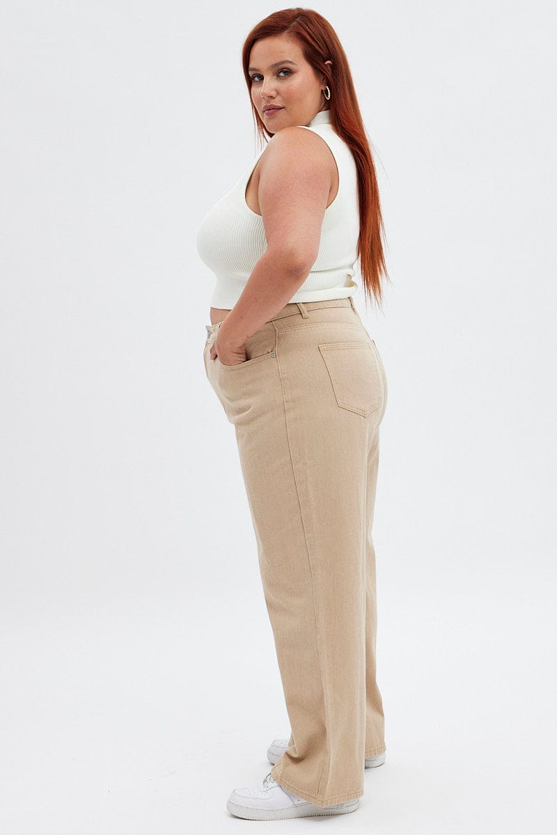 Beige Wide Leg Denim Jeans High Rise You All - Main Image