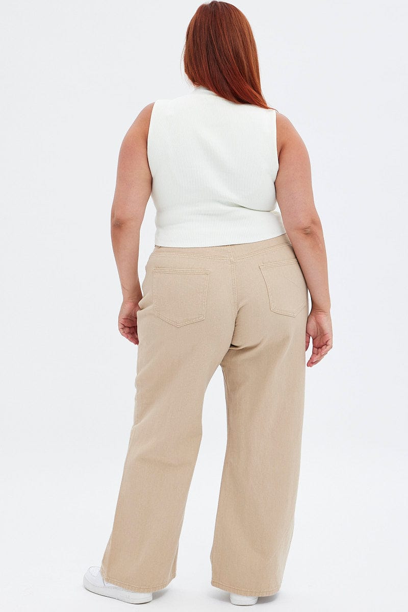 Beige Wide Leg Denim Jeans High Rise You All - Main Image