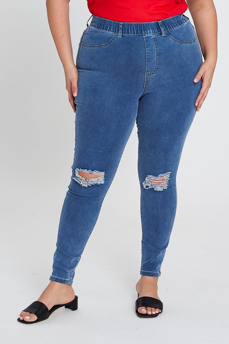 Blue Knee Jeggings High Rise Slash For Women By You And All