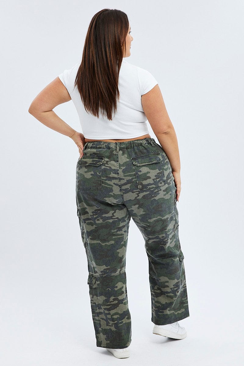 Green Print Cargo Denim Jeans Mid Rise for YouandAll Fashion