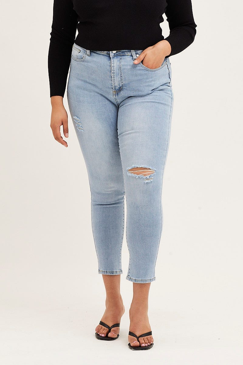 Denim Blue Denim Jean High Rise One Slash Knee Skinny For Women By You And All