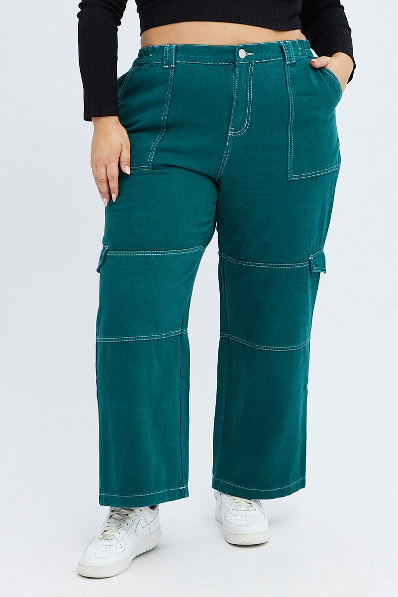Green Cargo Denim Jeans High Rise for YouandAll Fashion