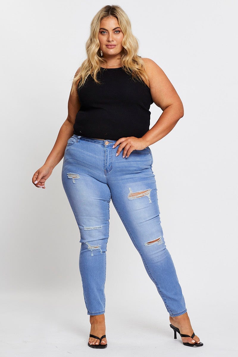 Blue Denim Jean Mid Rise Ripped Skinny For Women By You And All