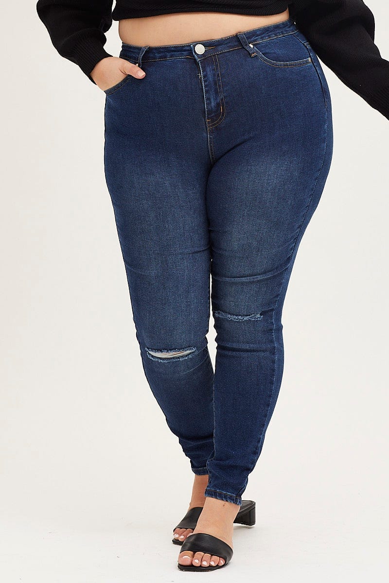 Blue Denim Jean High Rise Slash Knee Skinny For Women By You And All