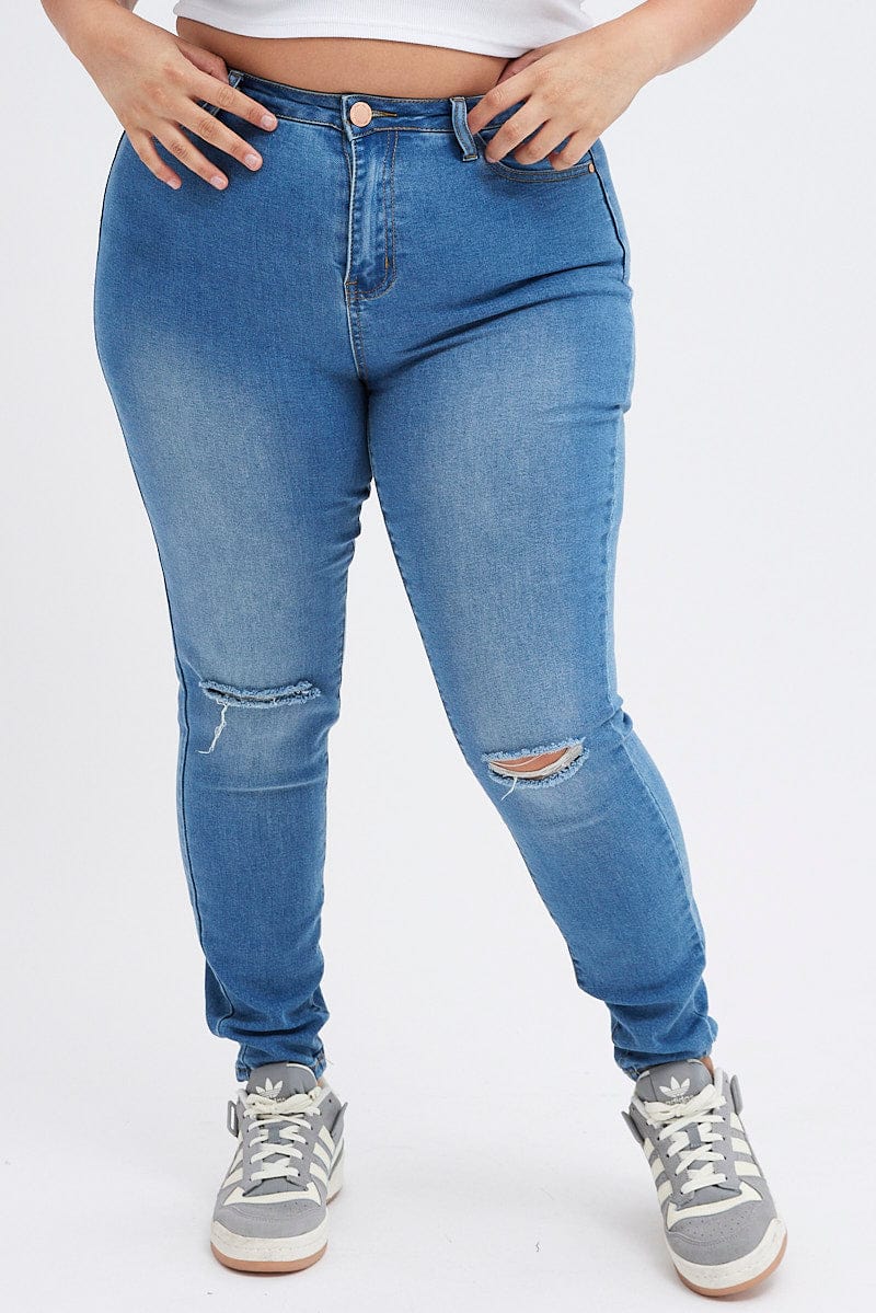 Blue Denim Jean High Rise Slash Knee Skinny for YouandAll Fashion