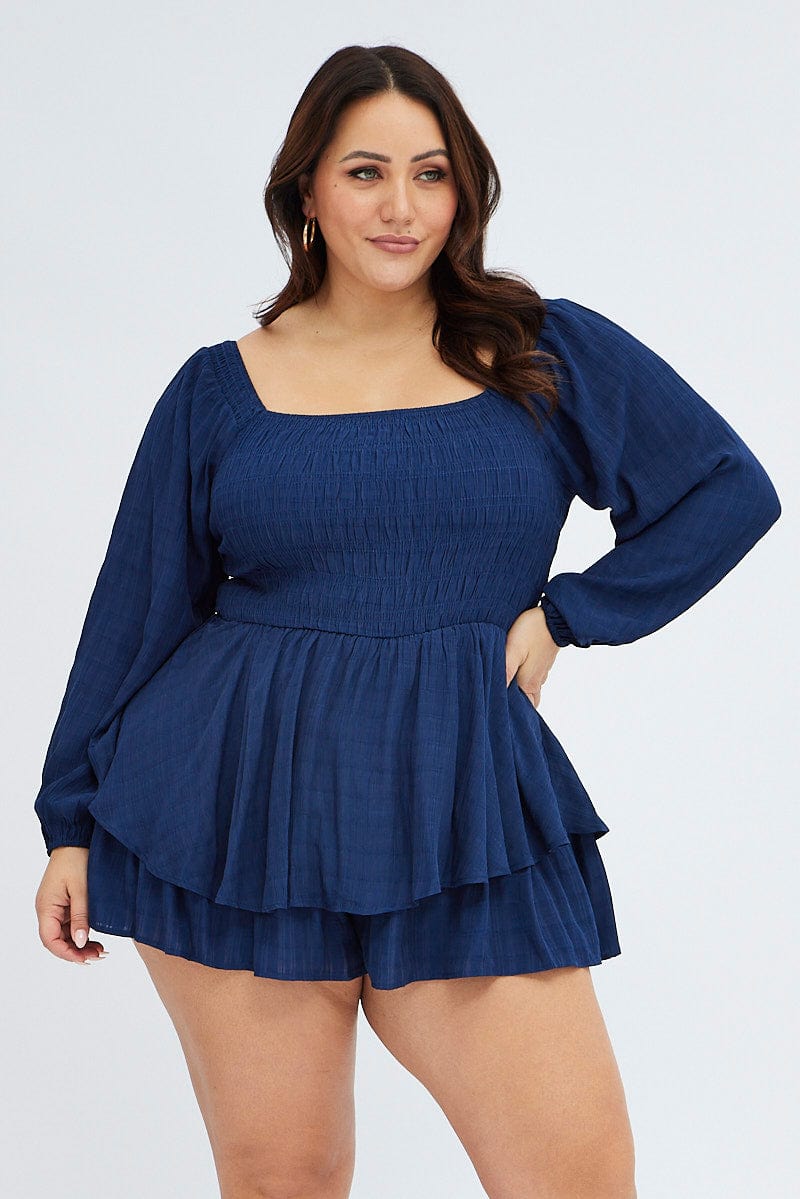 Blue Ruffle Playsuit Square Neck Shirred for YouandAll Fashion