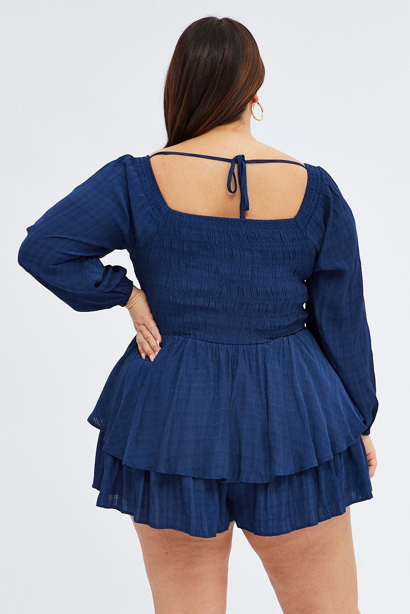 Blue Ruffle Playsuit Square Neck Shirred for YouandAll Fashion