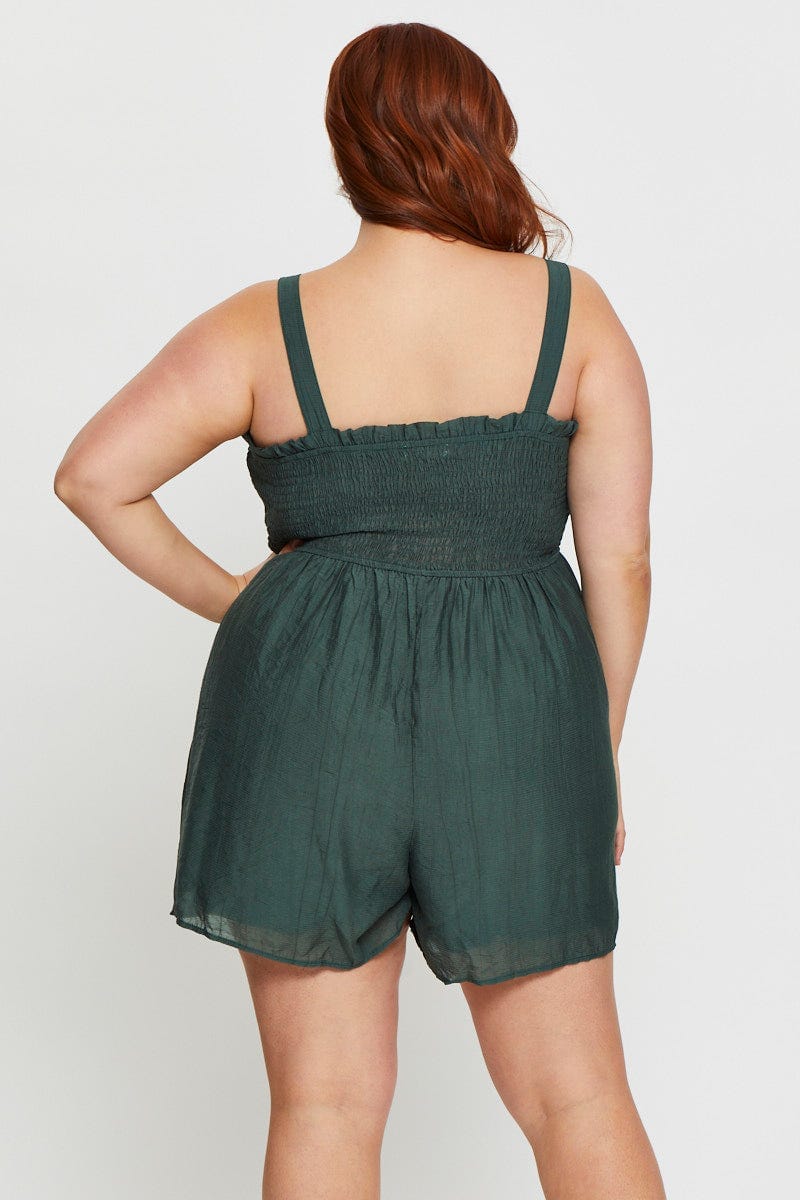 Green Shirred Playsuit Square Neck Sleeveless For Women By You And All
