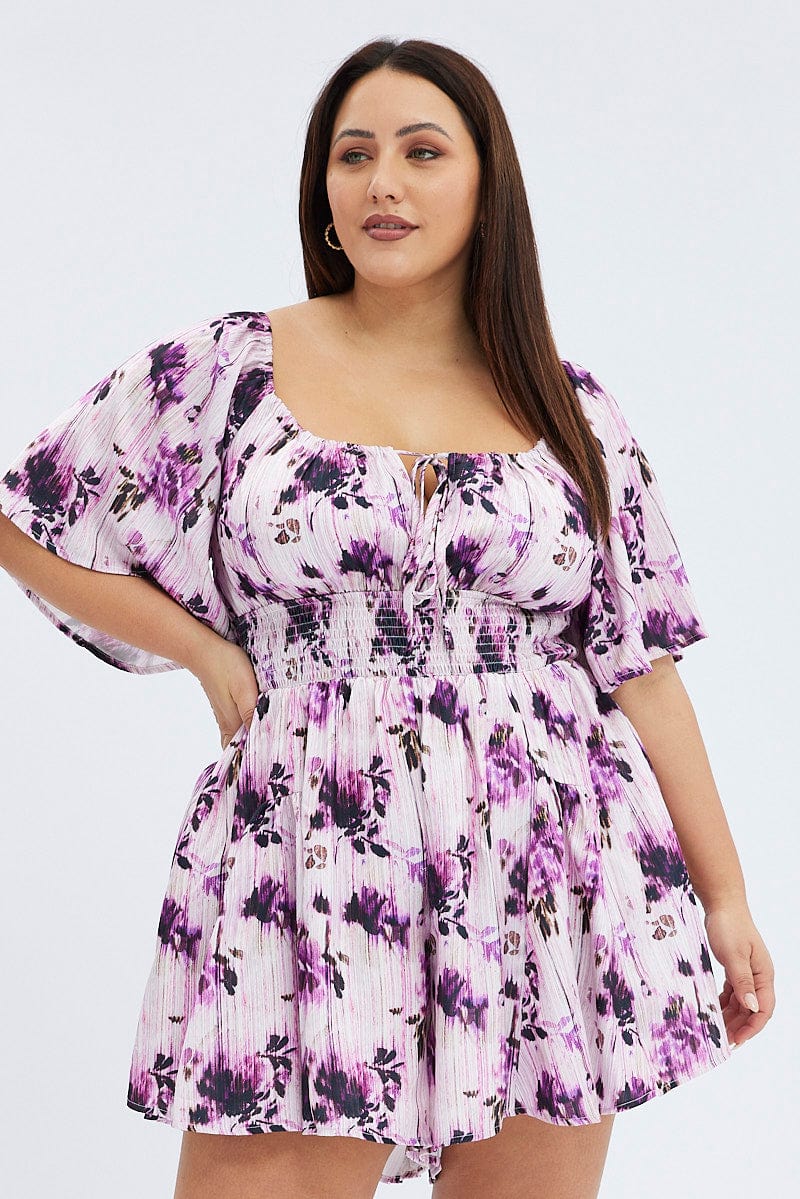 Purple Floral Floral Playsuit Short Sleeve Ruched for YouandAll Fashion