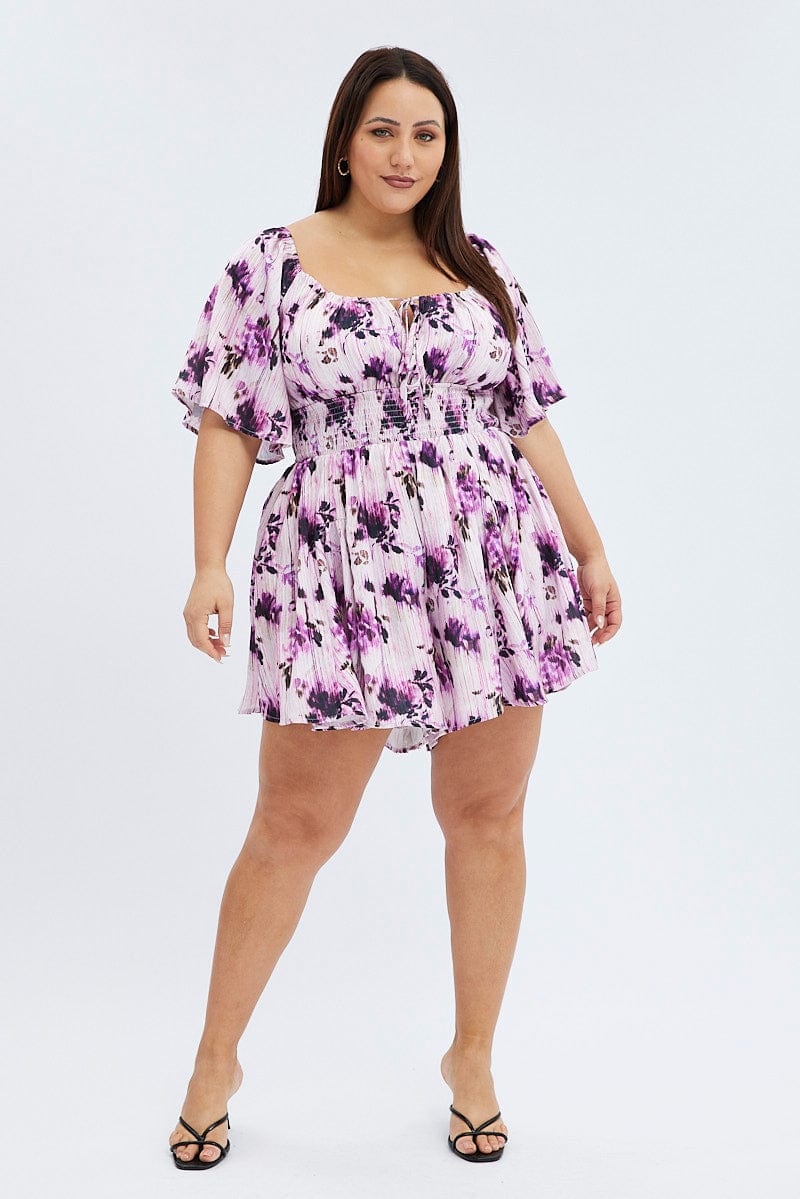 Purple Floral Floral Playsuit Short Sleeve Ruched for YouandAll Fashion