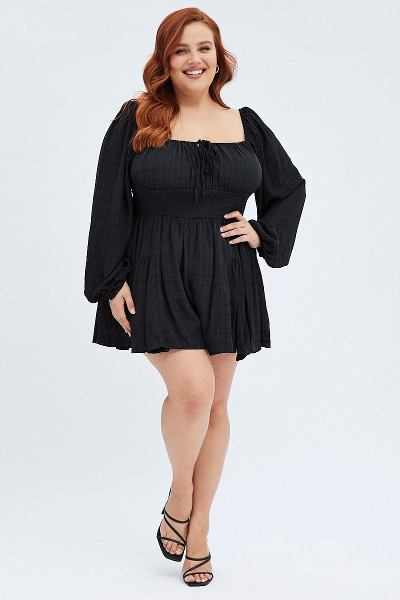 Black Ruched Playsuit Long Sleeve for YouandAll Fashion