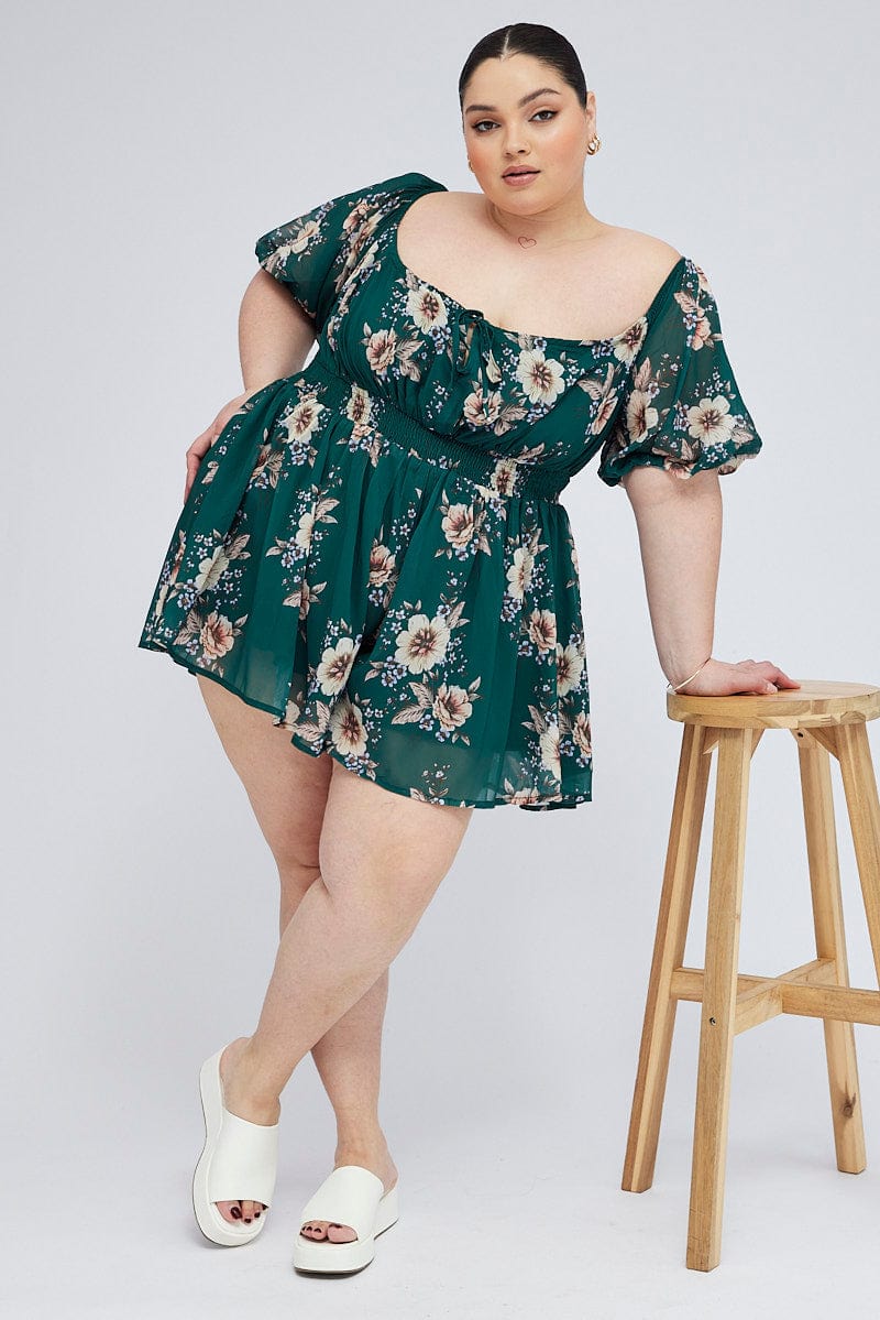 Green Floral Floral Playsuit Long Sleeve for YouandAll Fashion