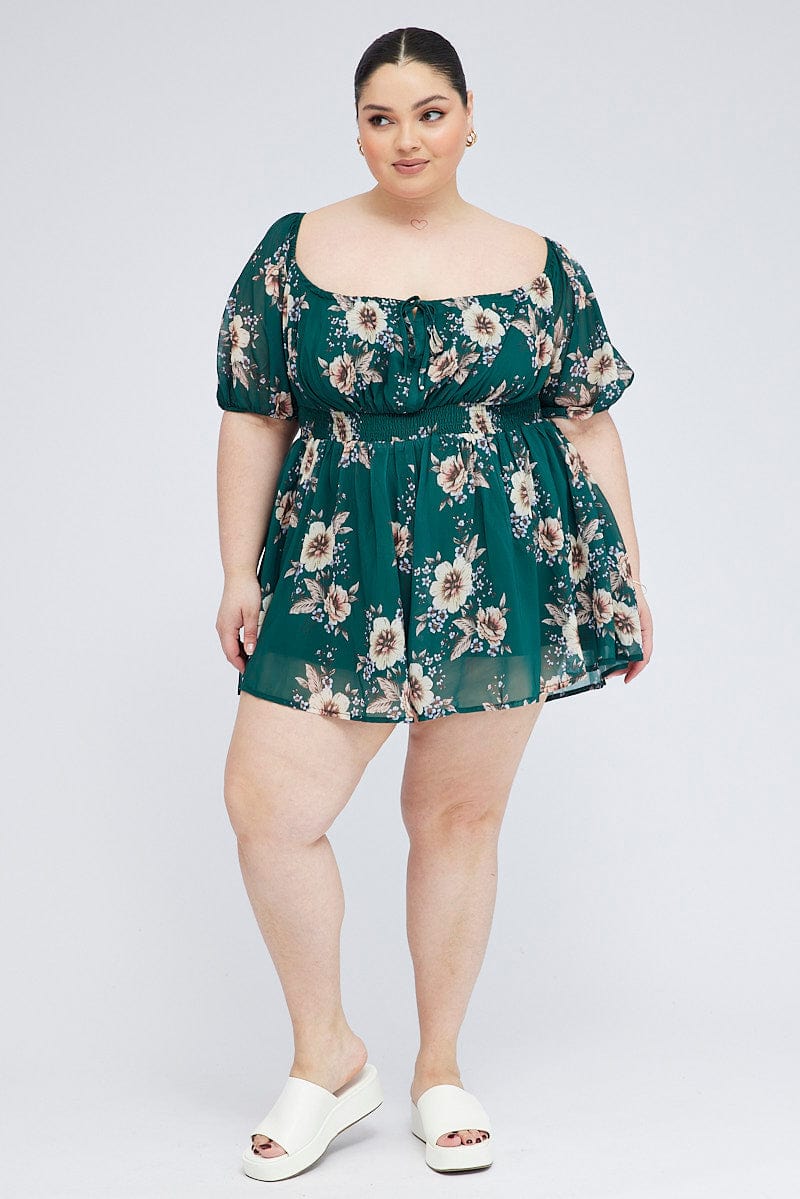 Green Floral Floral Playsuit Long Sleeve for YouandAll Fashion