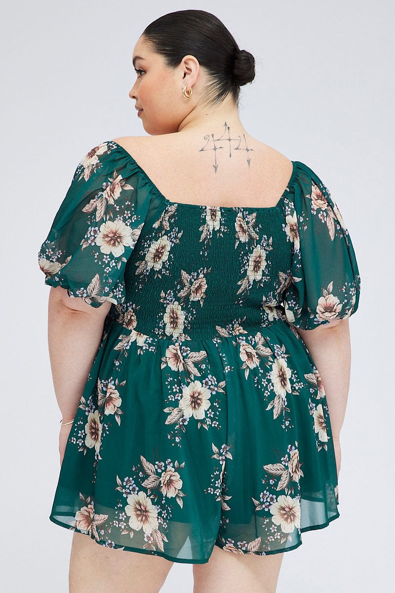 Green Floral Floral Playsuit Long Sleeve for YouandAll Fashion