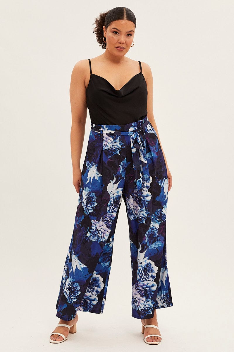 Blue Abstract Wide Leg Jumpsuit Sleeveless Cowl Neck | You + All